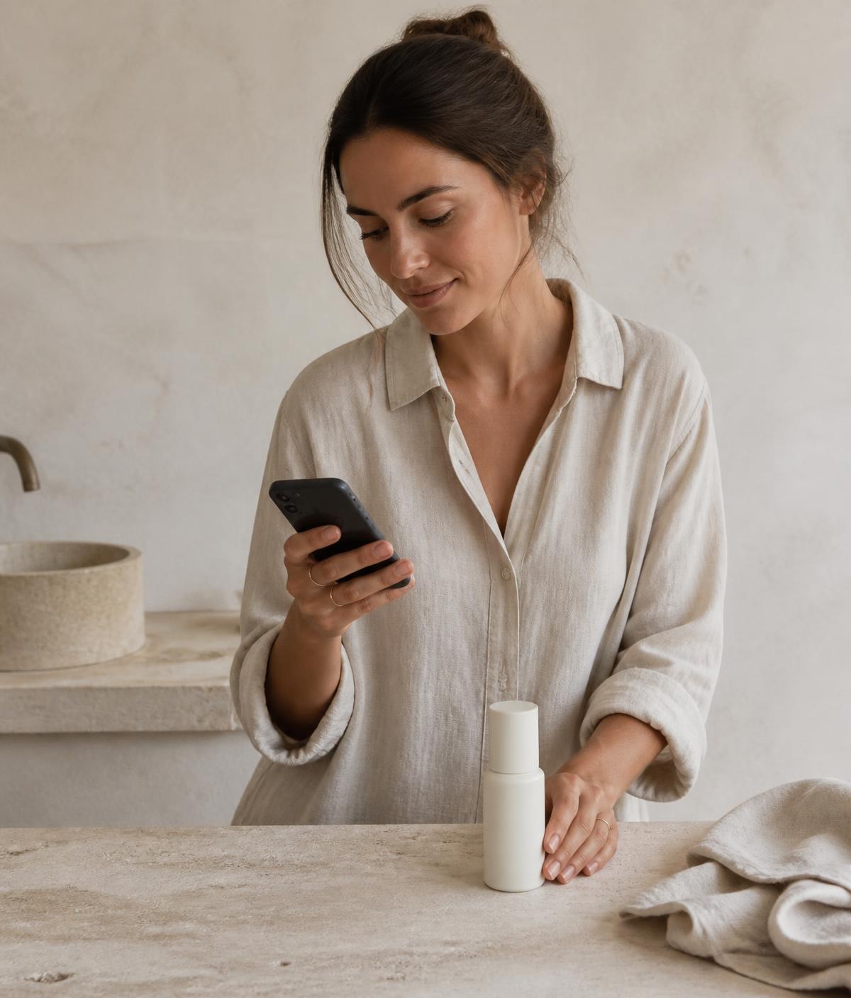 Person checking a product with their phone in a warm, neutral setting